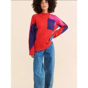 SAEMDI Women's Large Abstract Colorblock Mock Neck Knit Sweater Red Blue Pink